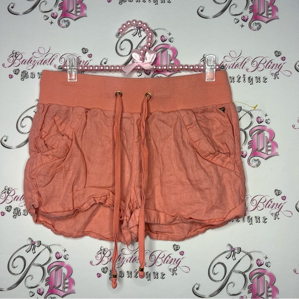 Guess coral orange shorts linen cargo with gold hardware logo and beads on ties